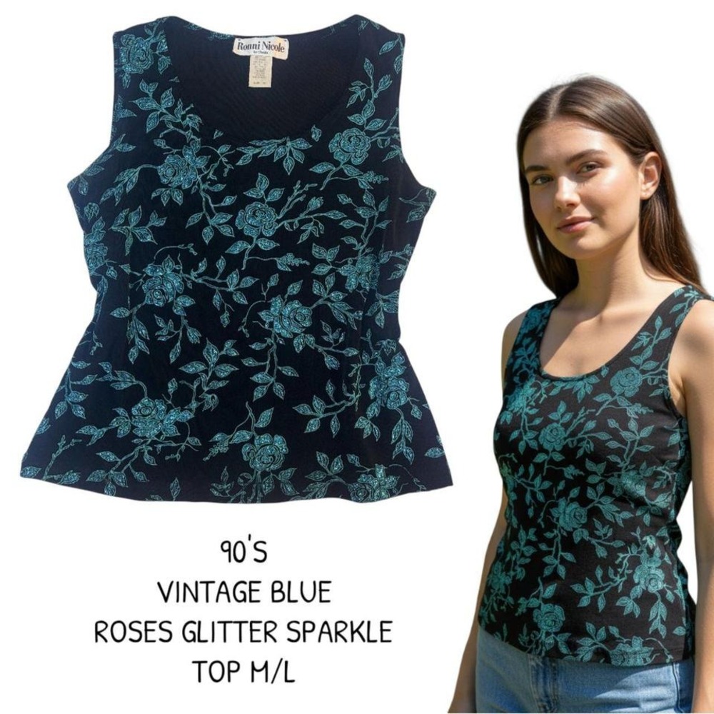 90'S VINTAGE BLUE ROSES SPARKLE GLITTER TOP M/L EUC‎